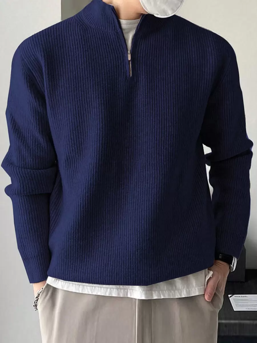 DAZY Men's Half Zipper Turtle Neck Fall Sweater - Navy Blue - View 1