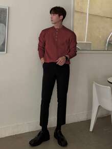 DAZY 男士纯色纽扣休闲毛衣商务装 - 酒紅色 - 查看 3