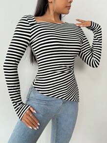 SHEIN Essnce Women's Striped Asymmetrical Shoulder Slim Fit T-Shirt - Black and White - View 5