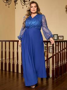 Plus Contrast Sequin Lantern Sleeve Dress - Blue - View 8