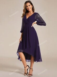 Elegant V-Neck Lantern Sleeve Wedding Guest Dress, Bridesmaid Dress