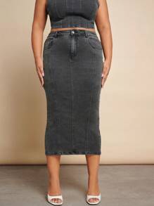 SHEIN BAE Kích thước lớn Gợi cảm Độ co giãn Cao Váy Denim Thiết kế Với Quần bó Phong cách & Phương Tây Mặc Đối với , Các bữa tiệc - Xám - Xem 3