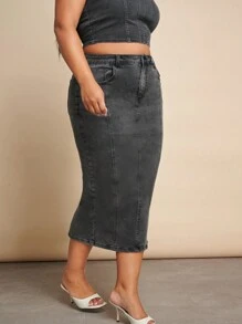 SHEIN BAE Kích thước lớn Gợi cảm Độ co giãn Cao Váy Denim Thiết kế Với Quần bó Phong cách & Phương Tây Mặc Đối với , Các bữa tiệc - Xám - Xem 5