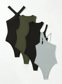 Chiquease 4pcs Solid Ribbed Knit Bodysuit - Multicolor - View 4