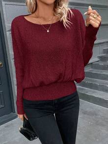 SHEIN Essnce Casual Women's Oversized Sweater With Dropped Shoulders - Burgundy - View 6