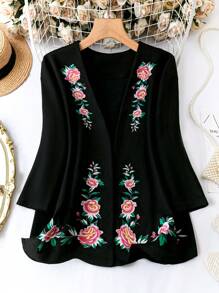 SHEIN LUNE Plus Size Women's Floral Print Jacket - Black - View 1