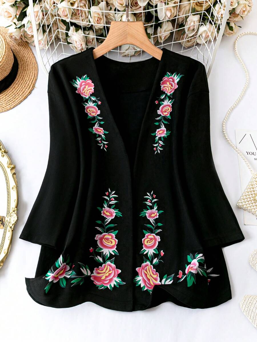 SHEIN LUNE Plus Size Women's Floral Print Jacket - Black - View 1