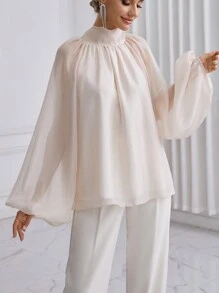 Firerie Women's Stand Collar Lantern Sleeve Back One Shoulder Shirt - Apricot - View 5