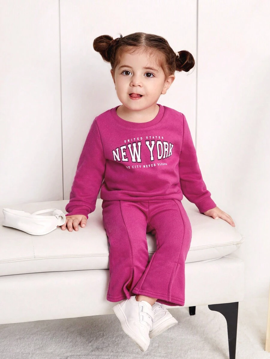 SHEIN 女嬰休閒粉紅字母印花運動衫和開叉下擺長褲套裝 - 玫紅色 - 查看 1