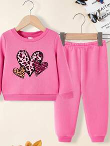 Baby Girls' Leopard Heart Printed Sweatshirt And Jogger Pants Set - Hot Pink - View 4