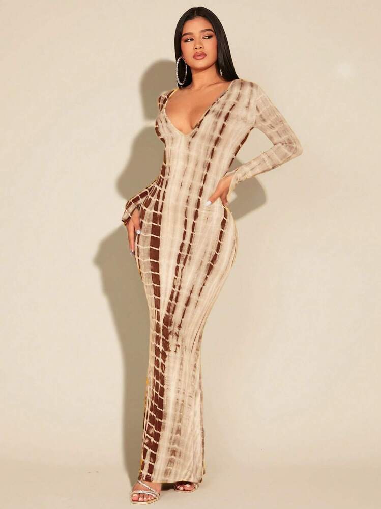 shein sxy tie dye bodycon dress SHEIN Tie Dye Plunging Neck Bodycon Dress,L