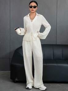 SHEIN Essnce Women's Texture Fabric Two-piece Set - Beige - View 5