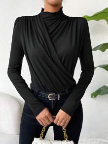 SHEIN Privé Women's Slim Fit Ruched T-shirt - Black - View 1