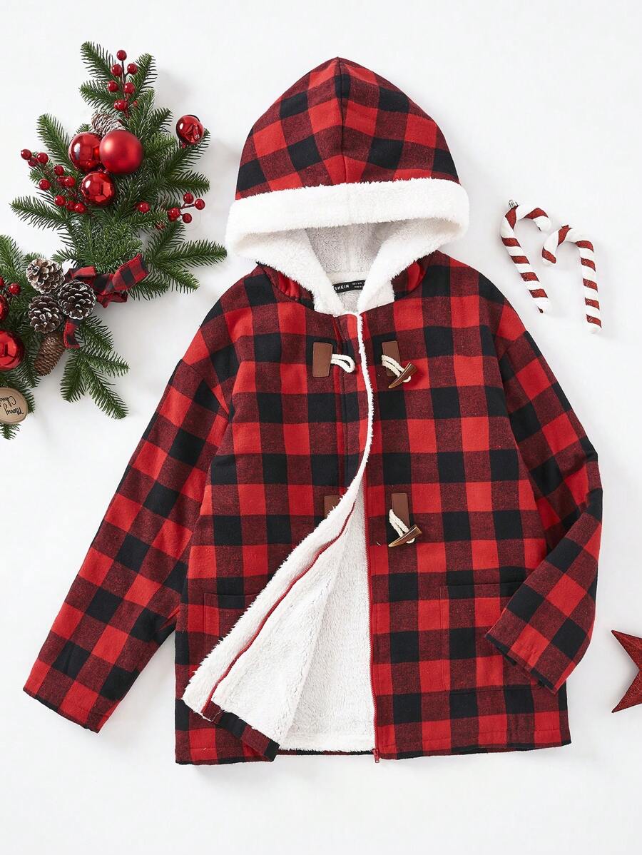 SHEIN EZwear In kẻ sọc Buffalo Thả vai Lót Teddy Duffle Áo trùm đầu - Đỏ - Xem 1