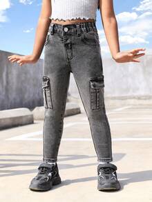Young Girl Street Style Stretchy Jeans With Flap Pocket - Black - View 3