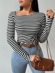 SHEIN Essnce Women's Striped Asymmetrical Shoulder Slim Fit T-Shirt - Black and White - View 6