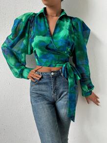 Chiquease Puff Sleeve Wrap Knotted Shirt Fall Cloth For Women - Green - View 6
