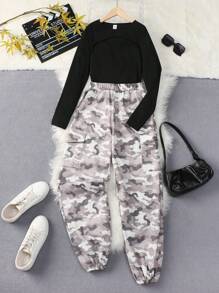 SHEIN 少女羅紋長袖上衣和迷彩褲,2 件/套,帶口袋,夏季 - 黑色 - 查看 1