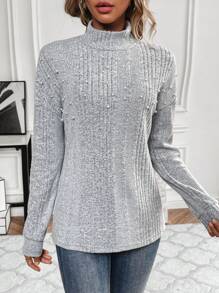 SHEIN LUNE Solid Color Half High Collar T-shirt Embellished With Pearl Studs - Grey - View 6