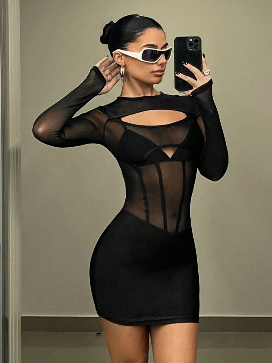 SHEIN ICON Lưới 2 trong1 Váy bodycon - màu đen - Xem 1