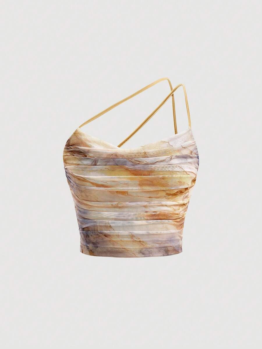 SHEIN MOD Một bờ vai Xù Nhuộm buộc Lưới Áo - Màu vàng - Xem 1