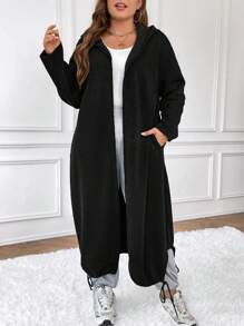SHEIN Frenchy Plus Size Long Hooded Sweatshirt - Black - View 1