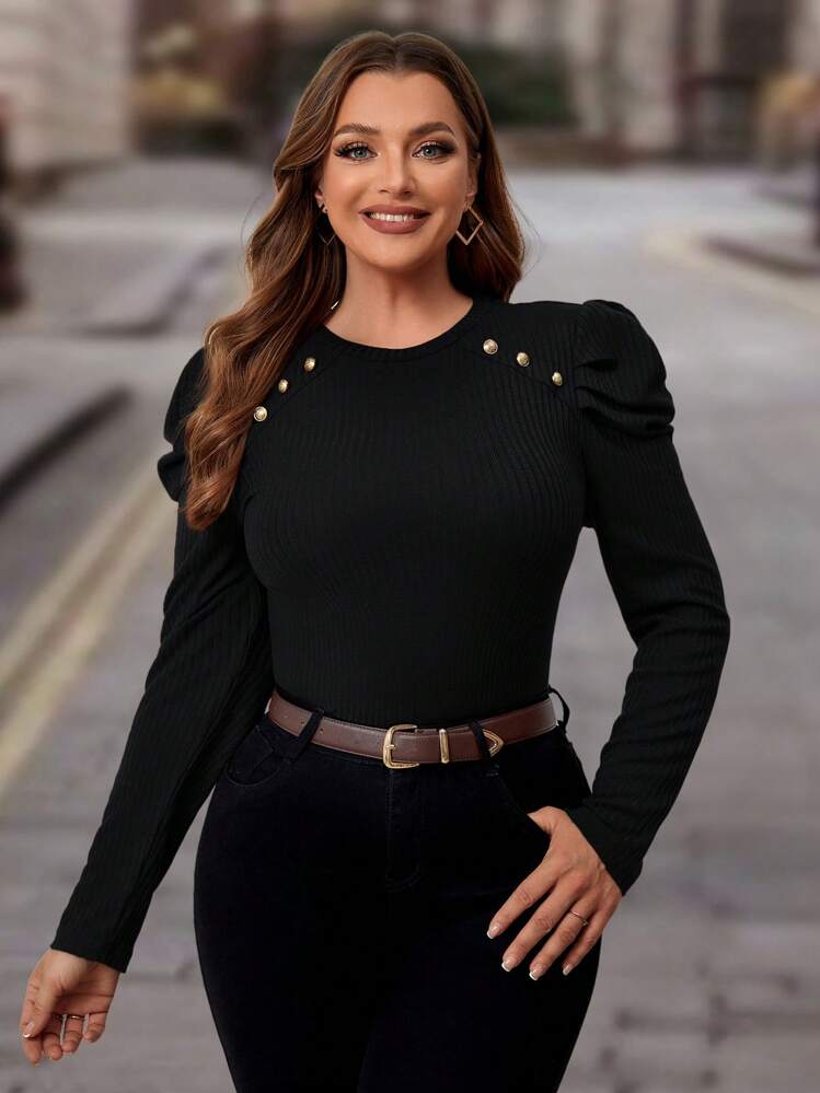 SHEIN Clasi Plus Size Button Details Puff Sleeve T-shirt - Black - View 1