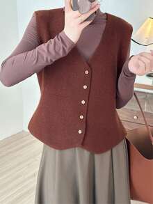 Chaleco De Suéter Marrón Café Con Cuello En V Elegante Para Otoño E Invierno - Café integral - Ver 4