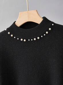 SHEIN Cô gái Trân châu Trang trí Sang trọng Áo len - màu đen - Xem 4