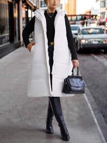 SHEIN LUNE Plus Slant Pockets Hooded Vest Padded Coat Quần áo mùa đông - trắng - Xem 7