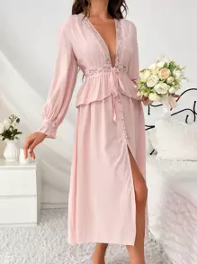 Lace Splice Tie Front Flare Sleeve Night Dress - Baby Pink - View 6