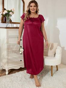 LuxeNights Plus Contrast Lace Tie Front Sleep Nightdress, Long Dress, Moo Moo - Red - View 3