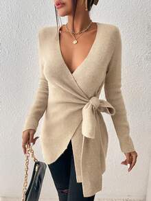 SHEIN Privé Cổ chữ V Bọc Áo len - Màu be - Xem 3