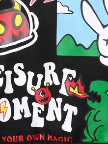 SHEIN Boys' Cute And Comfortable Cartoon Printed Crewneck Sweatshirt - Black - View 4