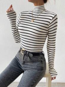 SHEIN Frenchy Của phụ nữ Sọc Đứng cổ áo Áo len - Nhiều màu - Xem 6