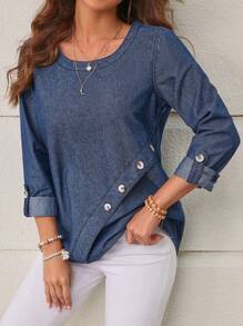 SHEIN LUNE Women's Round Neck Denim Top - Blue - View 3