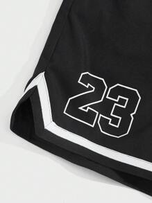 ROMWE MEN Prep Guys Letter Striped Trim Shorts - Black - View 3