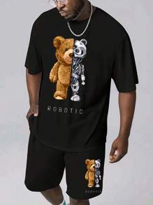 GENTILAND 男士大碼卡通熊和字母印花t恤和短褲套裝