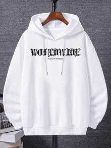 Manfinity Homme Hombres Capucha con estampado de slogan y figura de hombros caídos con cordón - Blanco - Ver 4