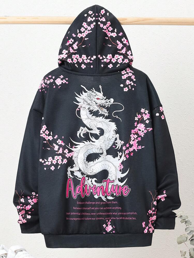 Boys' Loose Fit Hooded Dragon & Letter Patterned Sweatshirt