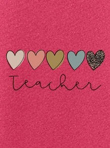 SHEIN EZwear Women's Heart Print Hoodie Dress - Hot Pink - View 3