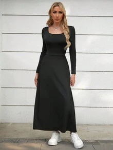 SHEIN Essnce 純色圓領a字裙 - 黑色 - 查看 6