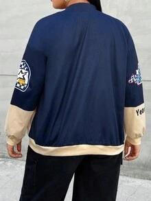 SHEIN Coolane 大碼字母圖案撞色落肩袖飛行員夾克 - 彩色 - 查看 2