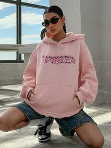 DAZY Text Pattern Hoodie - Pink - View 5