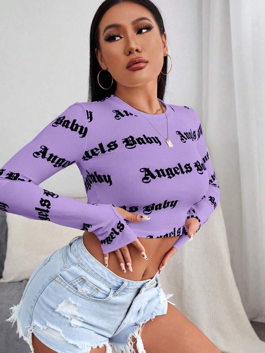 Hanevo Letter Print Cropped T-Shirt Graphic Tees Women Tops - Purple - View 1