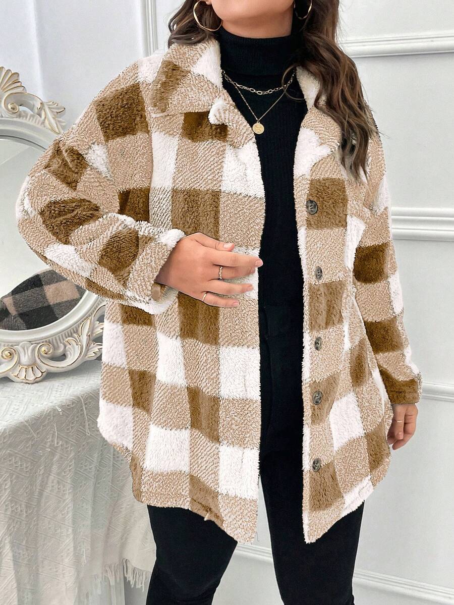 SHEIN LUNE Plus Size Plaid Drop Shoulder Jacket - Khaki - View 1