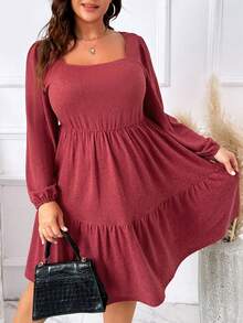 SHEIN LUNE Hơn Cổ vuông Tay áo lồng đèn Xù Hoa Sen Đầm - Đỏ - Xem 3