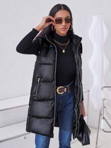 SHEIN LUNE Women's Solid Color PU Leather Zip-Up Hooded Padded Vest Puffer Jacket For Autumn/Winter Clothes - Black - View 1