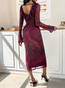 SHEIN Privé 女式v領花卉印花蕾絲裝飾長袖連衣裙 - 紅色 - 查看 2