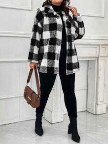 SHEIN LUNE Plus Buffalo Plaid Pattern Drop Shoulder Teddy Coat, For Winter - Black and White - View 3